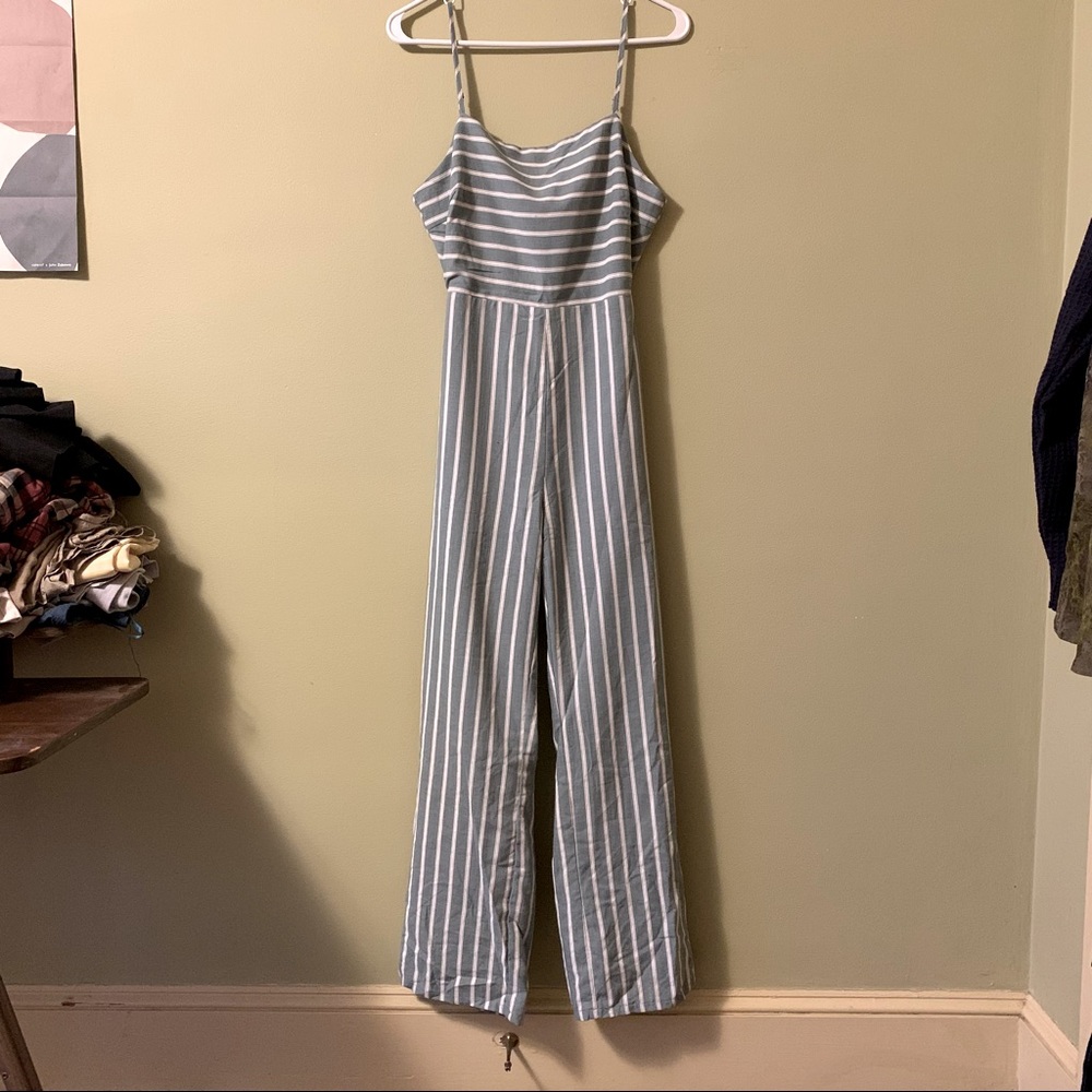 Striped summer linen backless jumpsuit XS